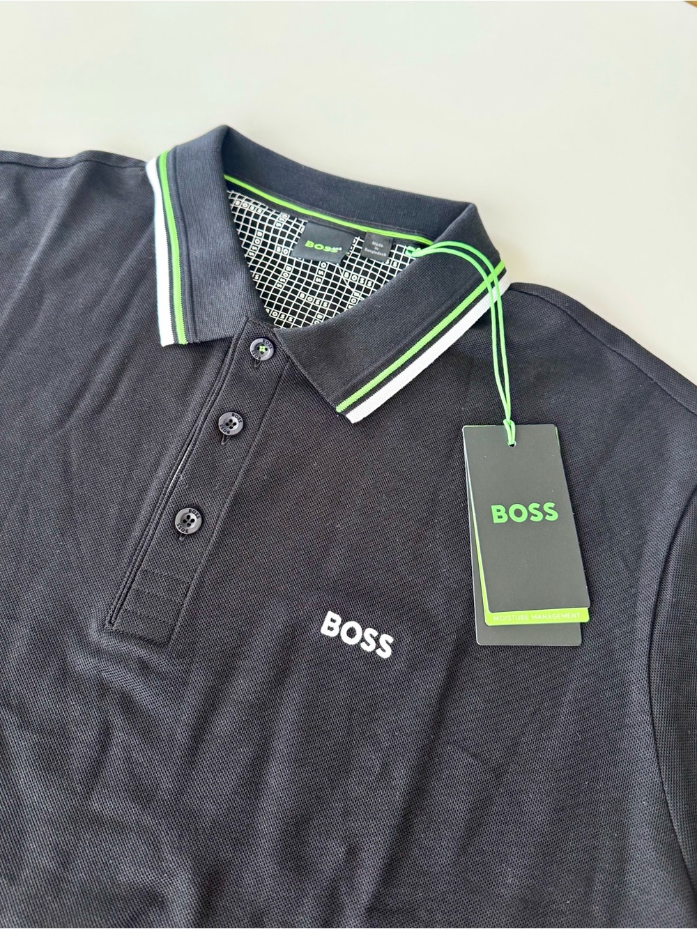 BOSS Hugo Boss Men’s Black Polo Shirt with Green Trim Size XXL